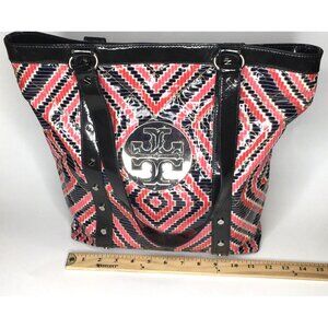 Tory Burch Quilted Pattern Studded Large Multicolor Geometric Patent Tote Bag